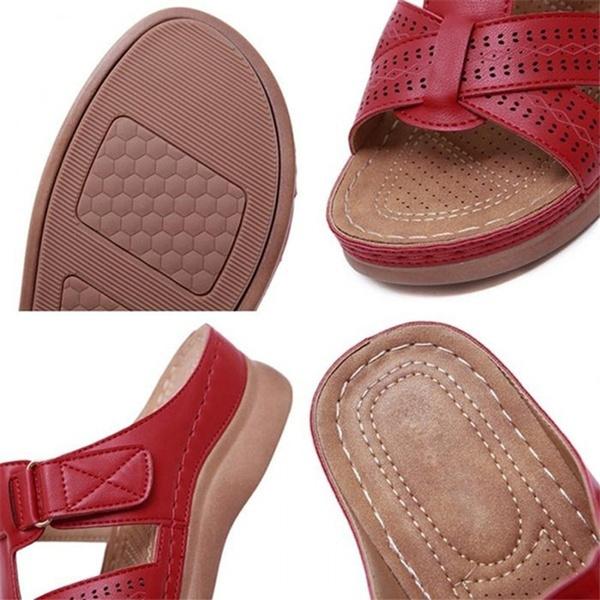 Beställ en storlek upp, sommar Kvinnor Premium Ortopediska Sandaler med öppen tå Kvinnliga Tofflor Spänne Rem Vintage Anti-halk Andas Tofflor Plus Size Sandaler