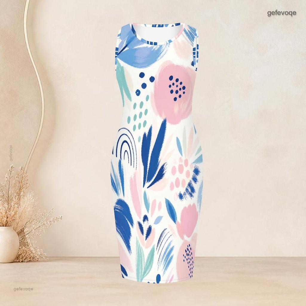 Women Plus Size Two Piece Set Round Neck Sleeveless Bodycon Dress Three Quarter Sleeve Open Cardigan Printed