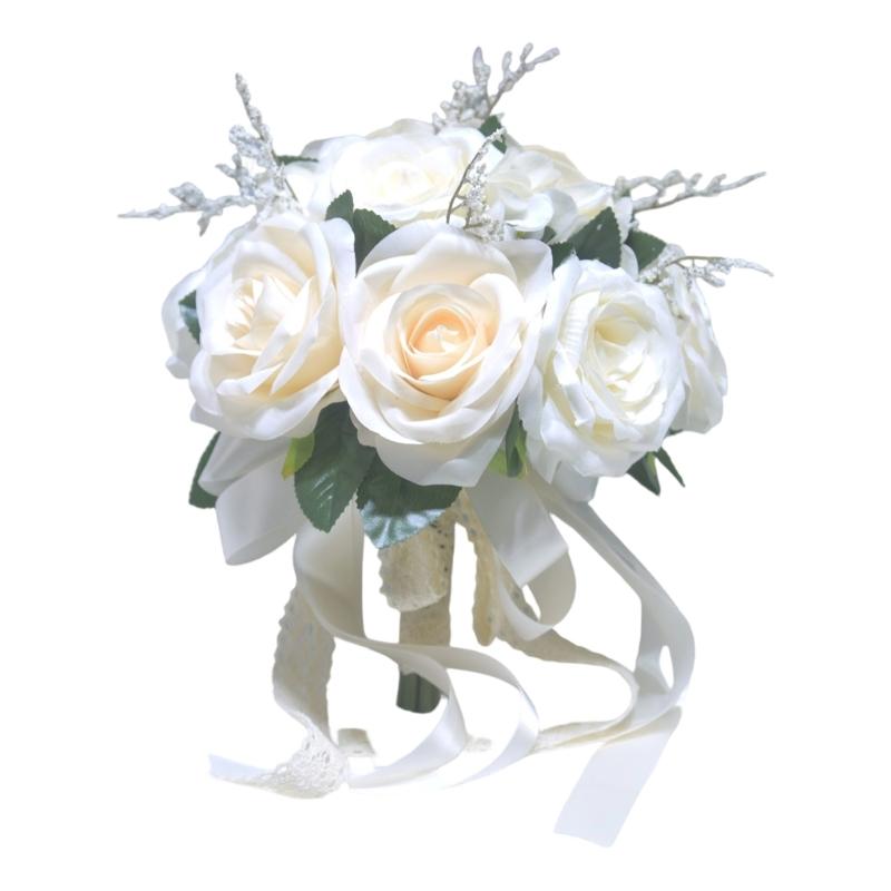 HX6F Elegant Artificial Rose Flower Bridal Bouquet Wedding Ceremony Bouquet for Bride белый