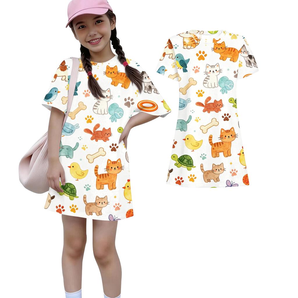 Girls Animal Print Dress Kids Loose Fit Short Sleeve Round Neck Lightweight Casual Dress for Children Summer Wear