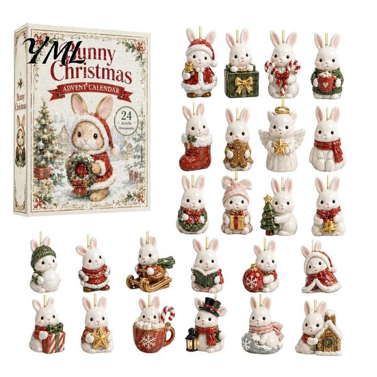 Cute Cat Rabbit Ornaments 24 Days Christmas Advent Calendar 2026, 2D Acrylic Reading Cats/Dogs/Forest Animals Surprise Unboxing Gift Ornament