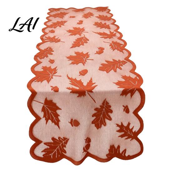 Autumn Indoor Home Accents Fall Table Runner Decorations Maples Leaves Lace Orange Hollow Embroidery Runner Harvest Thanksgiving Decorations
