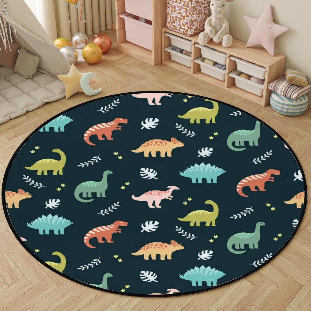 Cartoon Dinosaur Round Carpet Cute Dino Circle Rug for Living Room Playroom Office Laundry Decor Non-slip Comfort Play Yoga Mat
