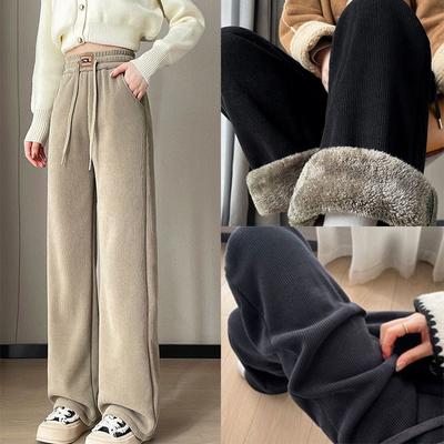 Winter Women Plush Chic Solid Slim Fit High Waisted Long Pants Lady Fashion Casual Wide Leg Fleece Thermal Trousers