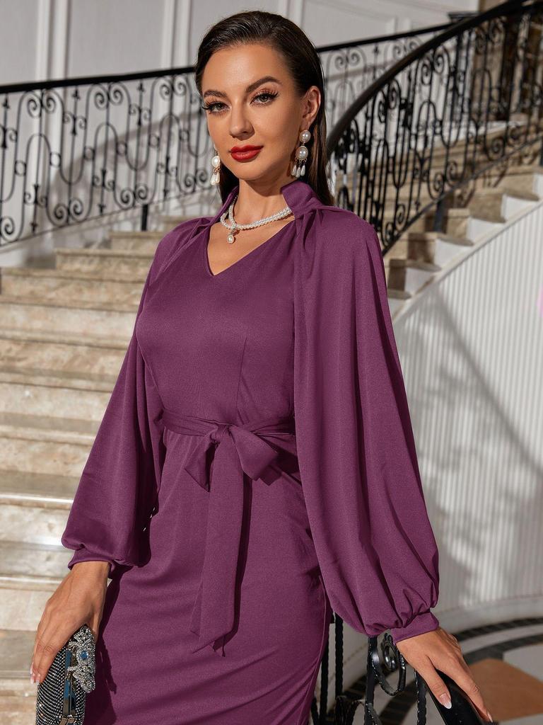 2025 Elegant V-neck Slimming Dress with Lantern Sleeves - Women's Cross-border Fashion