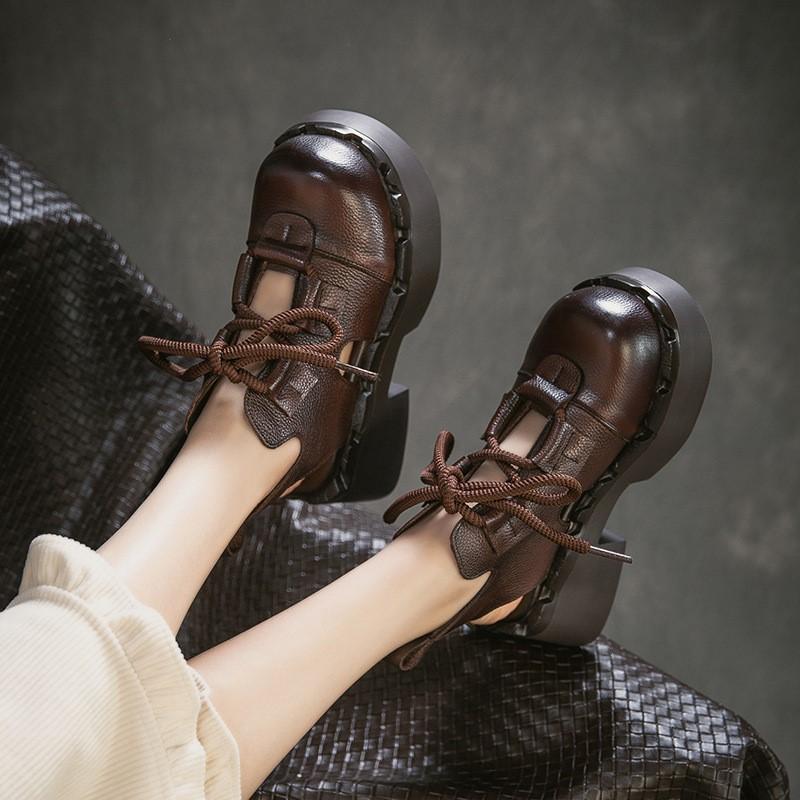 Johnature Retro Sandały z Prawdziwej Skóry z Wycięciami Okrągły Nosek Sznurowane Gruba Podeszwa Buty Damskie