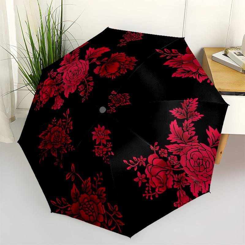 1pc Red Floral Pattern On Black Background Umbrella with Plastic Handle,Suitable for All Seasons Umbrellaptys26029
