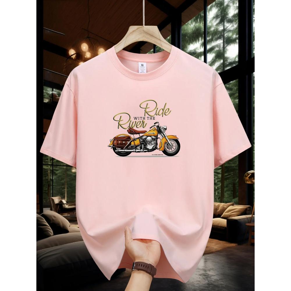 Men's Summer 100 Cotton Fashionable Casual Loose Large Size Classic Motorcycle Pattern Printed Round Neck Short Sleeve T-shirt