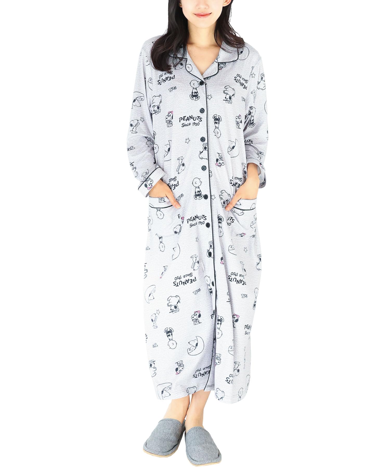 

Ночная сорочка Snoopy Домашняя одежда Пижама Платье Длинная длина Пудровый Эластичный материал Застежка спереди Короткий рукав Пижама Домашняя одежда SNOOPY [Nishiki] Цельное серый