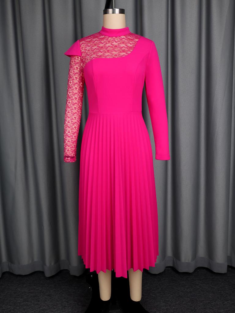 Women Pleated Dresses Elegant Church Half High Collar Lace Patchwork Long Sleeves Evening Party Birthday Wedding Guest Autum New