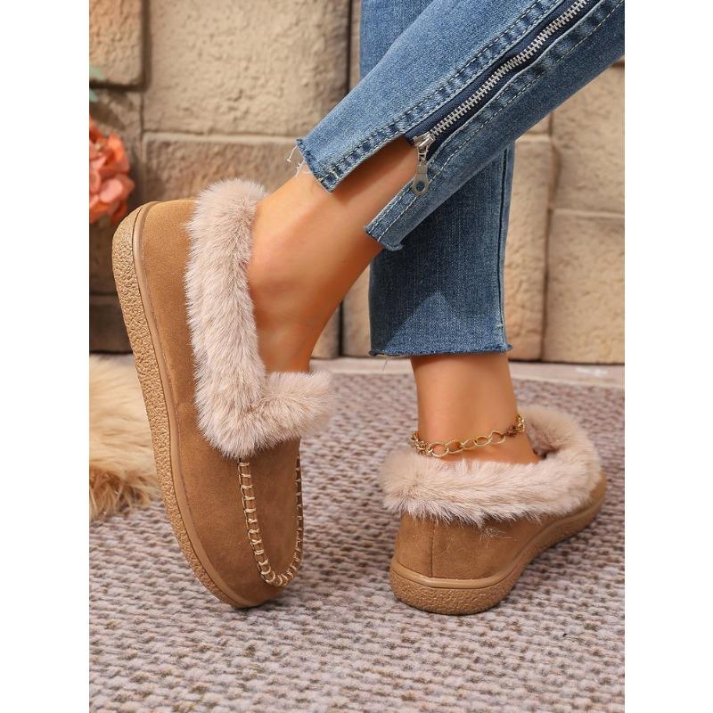 Women's Plus Size Furry Cuff Flat Cotton Shoes Autumn Winter Fleece Lined Warm Slip on Shoes