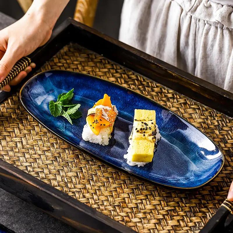 Ofen-Katzen-Tye-Blaufischplatte im japanischen Stil, Servierplatte, gedämpfte ovale Speiseteller, große glasierte Sushi-Platte