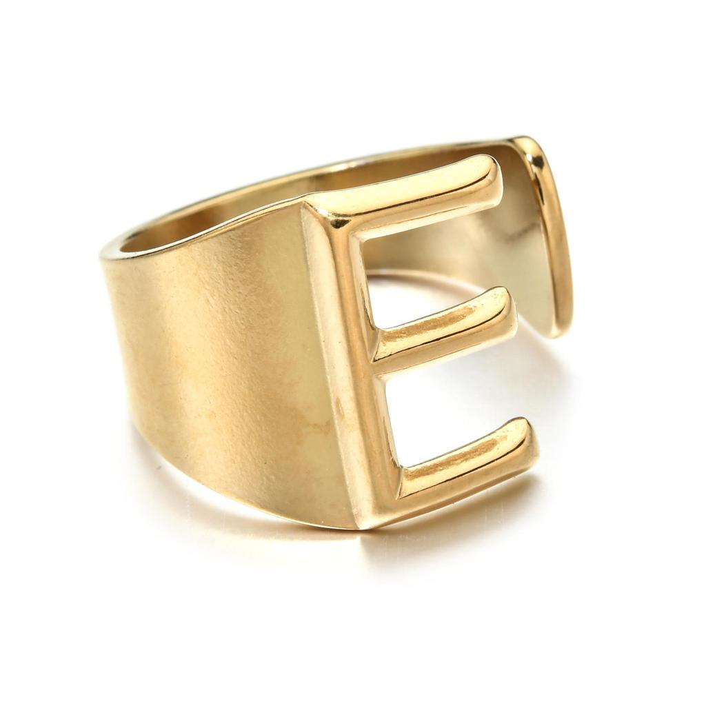 18K Gold Stainless Steel Letter Ring – Fashionable Open European & American Style, Women's Adjustable Titanium Steel Ring