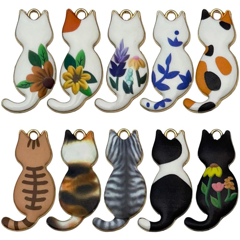 Set of 10 Colorful Enamel Cat Charms for DIY Jewelry
