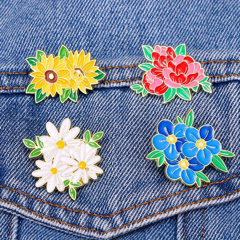 1pc Alloy Badge Personalized Daisy Brooch Backpack Decoration Peony Blue Brooch Cartoon 4 styles