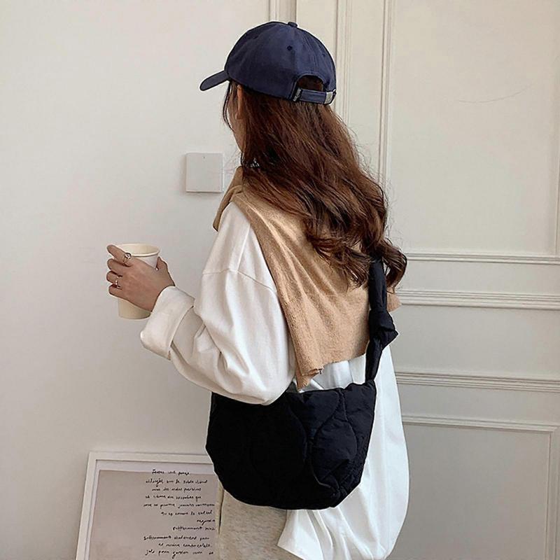 Women Casual Underarm Bag Retro Nylon Satchel Bag Semicircle Crossbody Bag with Zipper Vintage Solid Color Shoulder Bag White