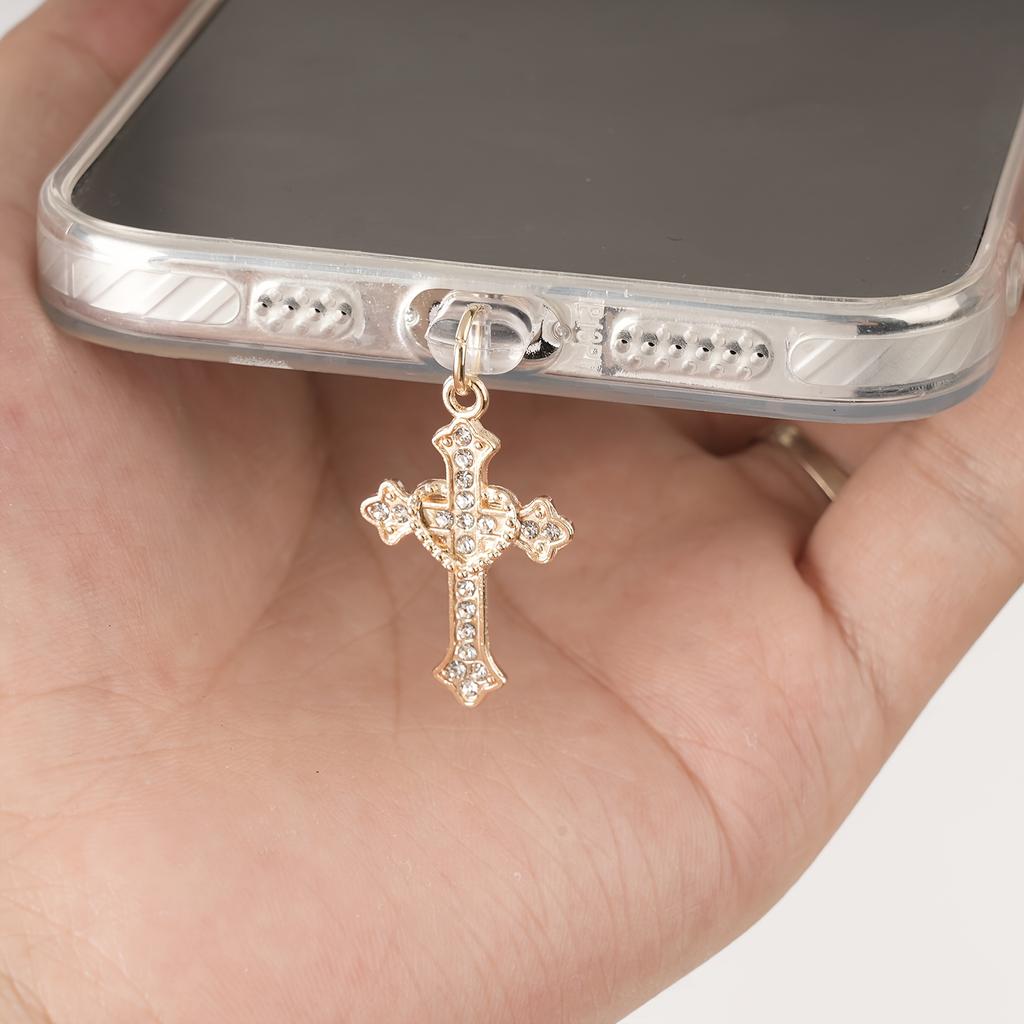 1pc Elegant Cross Charm Phone Dust Plug - Stylish Alloy Pendant with Sparkling Crystal Accents