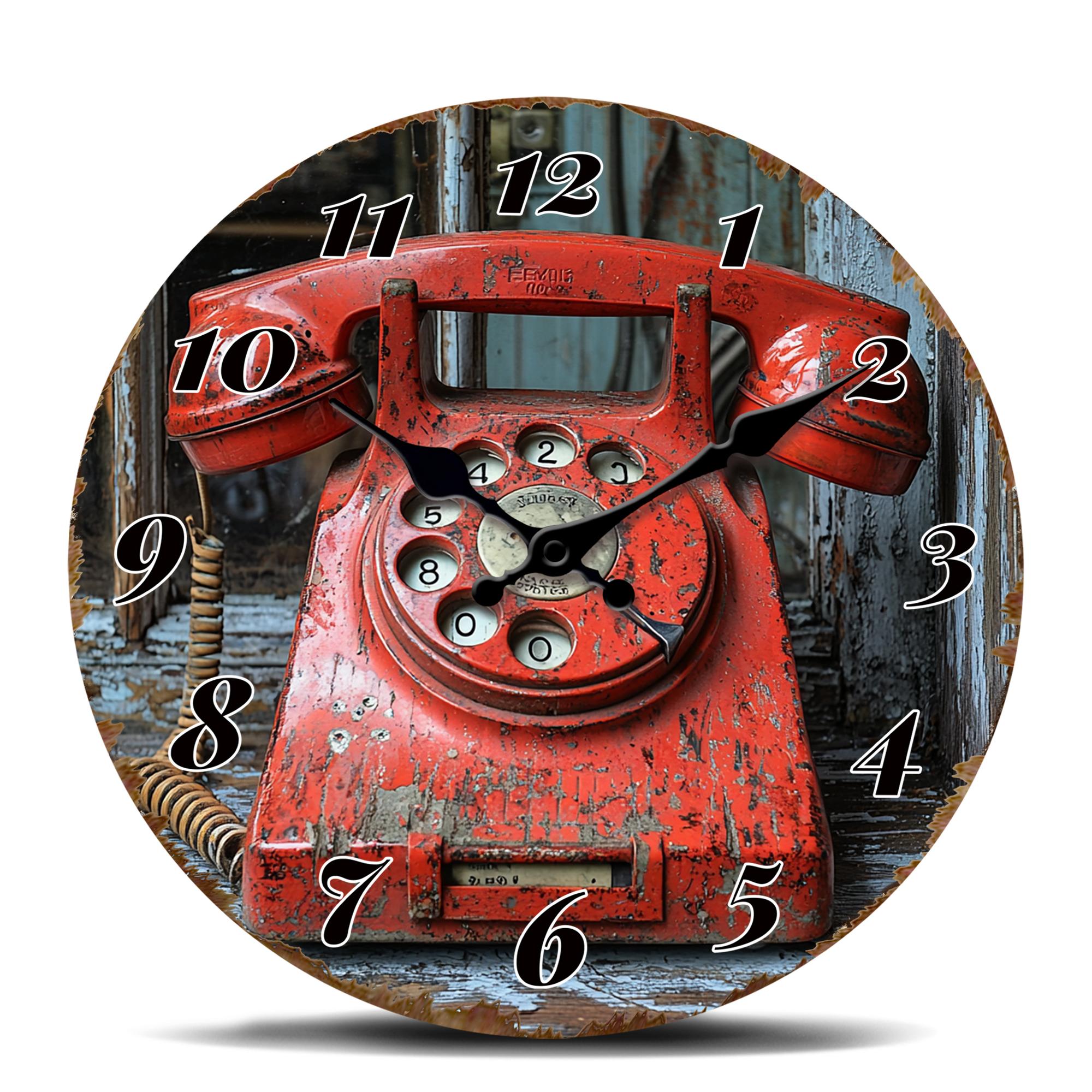 Vintage Red Rotary Phone Round Wall Clock - Retro Telecommunication Decorative Timepiece with Distressed Look 10 inch