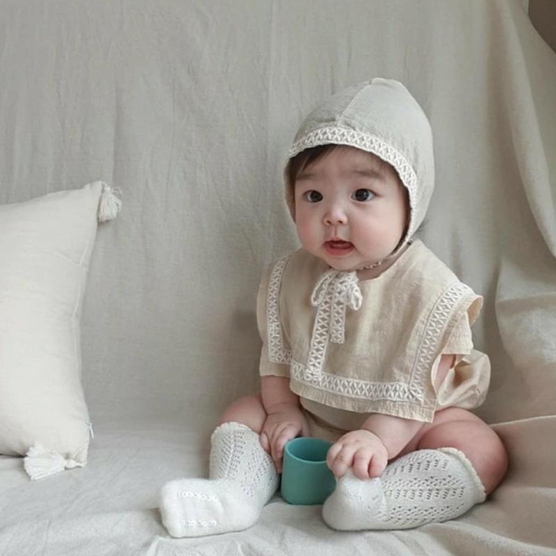 2024 Léto Velký Límec Krajka Bavlna Dětský Romper a Klobouk Set