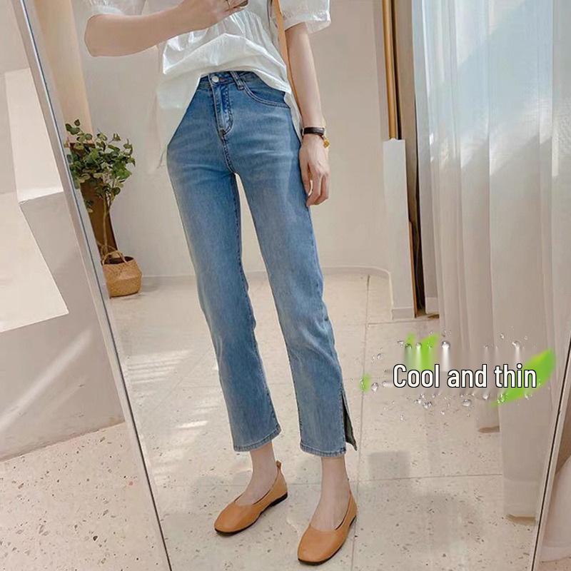 2023 Summer High Waist Black Slit Straight-Leg Petite Jeans