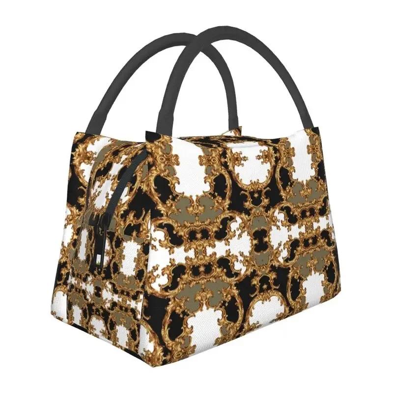 Luxury Golden Europe Floral Insulated Lunch Bag for Work Office Leakproof Thermal Cooler Lunch Box Women