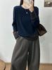 Solid Color Retro Distressed Crochet Appliqué Knit Sweater - Loose Round Neck Pullover for Women (Spring 2026)