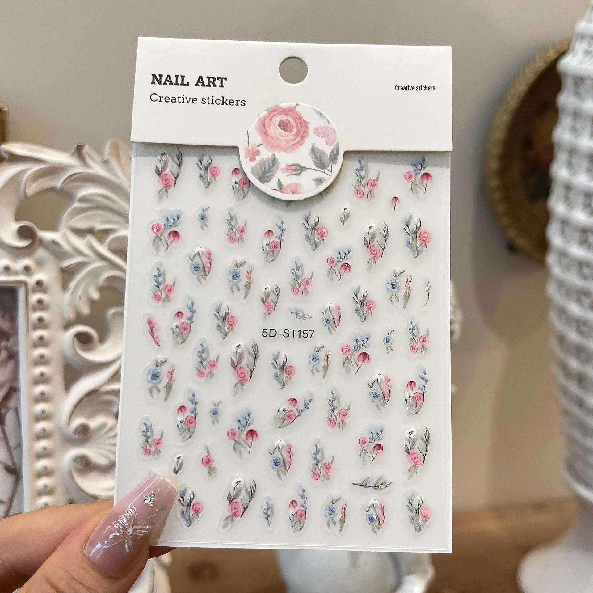 

5D Pastoral Fresh Flower 3D Nail Stickers: Stereoscopic Colored Floral Decor