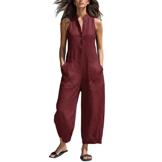Women's Summer Sleeveless Jumpsuit Button Up Stand Collar Loose One Piece Overalls Casual Wide Leg Long Pants Rompers with Pockets