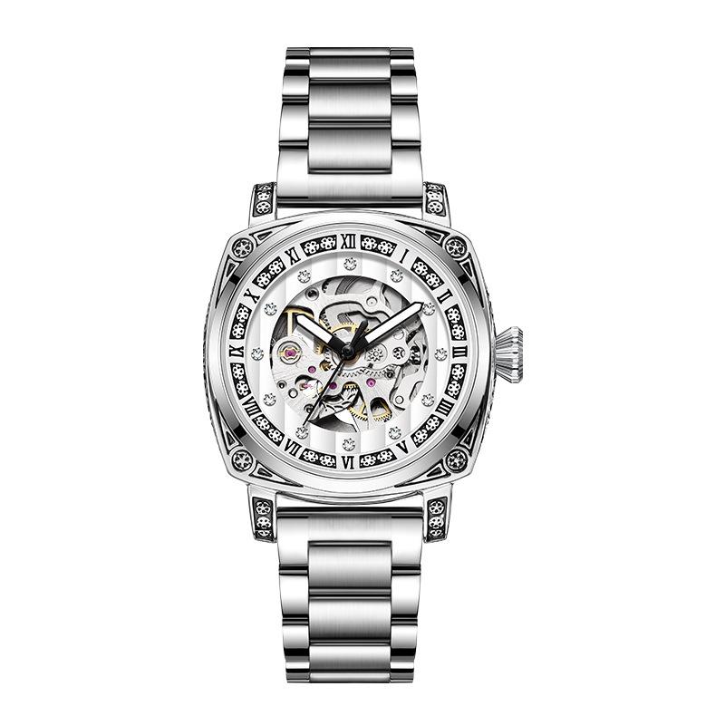 Fully Automatic Mechanical Tide Watch Fashion Trend Engraved Diamond-Encrusted Leather Strap Hand Luminous Waterproof Men'S And Women'S Watch