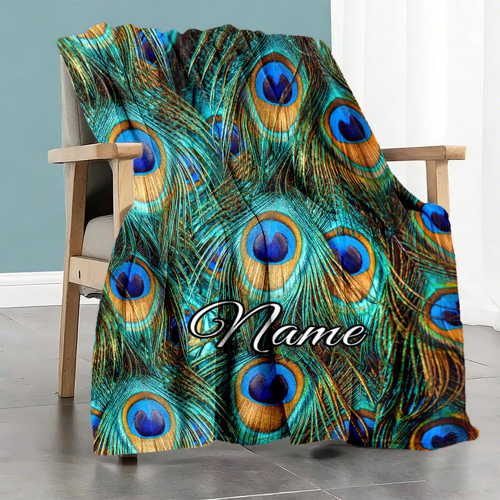 Peacock Feather Customize Your Name Blanket Throw Customizable Blanket Durable Comfort Versatile for Sofa Picnics Office Chair Nap