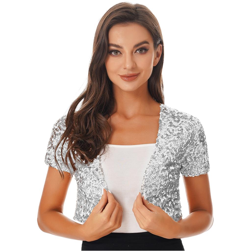 Women Sequin Cropped Jacket Glitter Waistcoat Cardigan Style Shiny Outerwear Stage Performance Costume Top