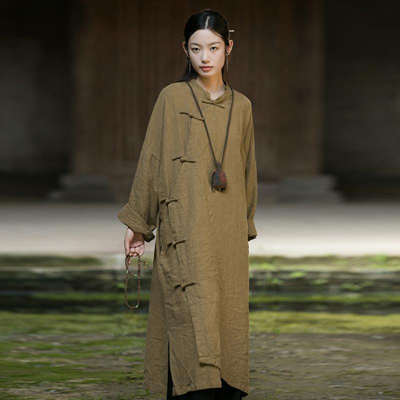 

Johnature Женское платье в китайском стиле с длинным рукавом и пуговицами, осеннее однотонное платье А-силуэта One Size дубильная кора