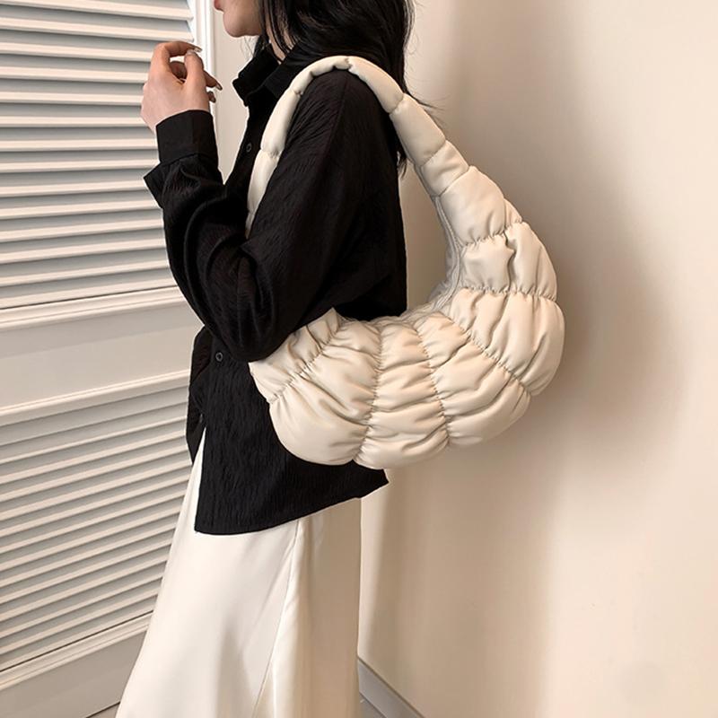 Quilted Padded Crossbody Bag for Women Ruched Shoulder Cloud Bag PU Leather Half Moon Hobo Bag Bubbles Handbag Purses AVE