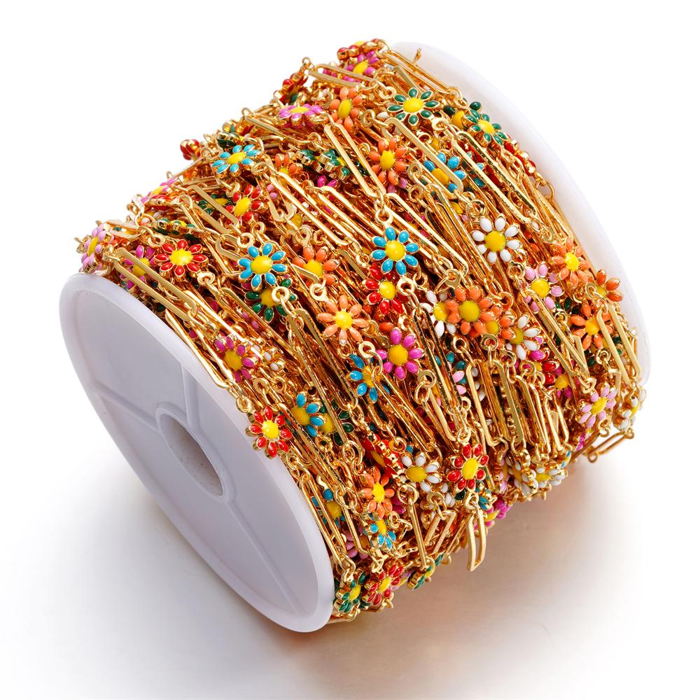 1Meter Copper Chain Enamel Daisy Flower Beaded Charm Paper Clip Chains for DIY Handmade Jewelry Making Necklace Bracelet