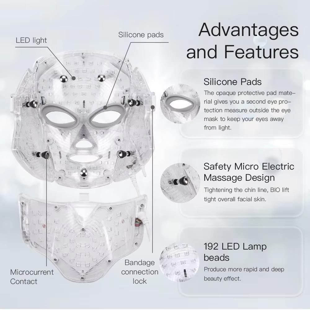 LED Light Therapy Face Mask with Neck - 7 Color Professional Beauty Device for Home Skincare Routine