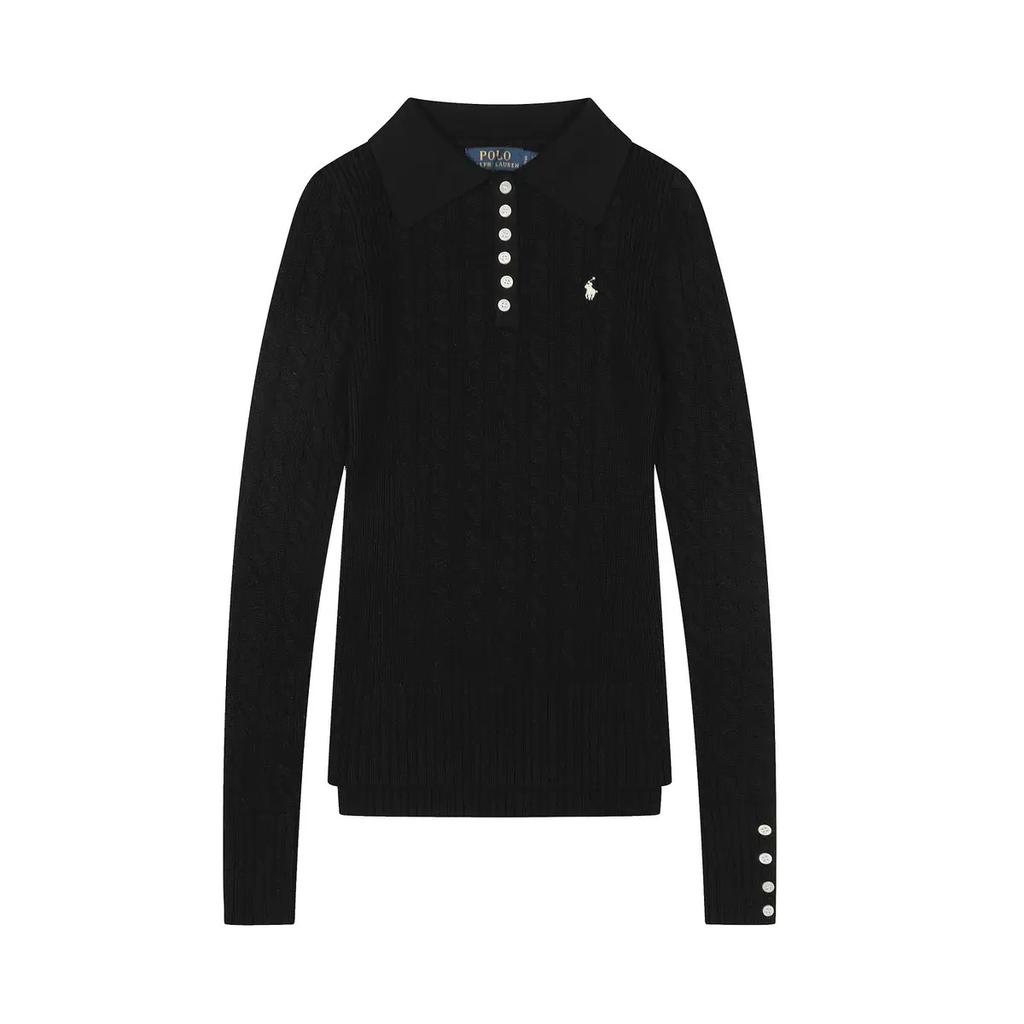 Ribbed Knit Sweater with Buttons for Women, Polo Collar, Long Sleeve Pullovers, Chic Tops, Female Fashion