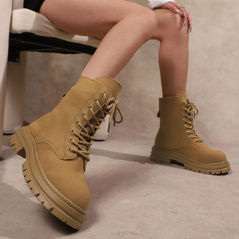 Fashion Casual Thick Bottom Khaki Ankle Boots 2025 Winter Lace Up Women's Combat Boots with Platform Non Slip Hiking Shoes for Women