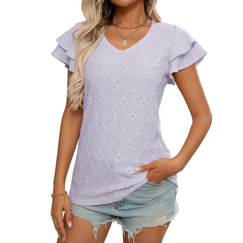 Vår och sommar Ny enfärgad V-ringad Söt kortärmad T-shirt med utskärning