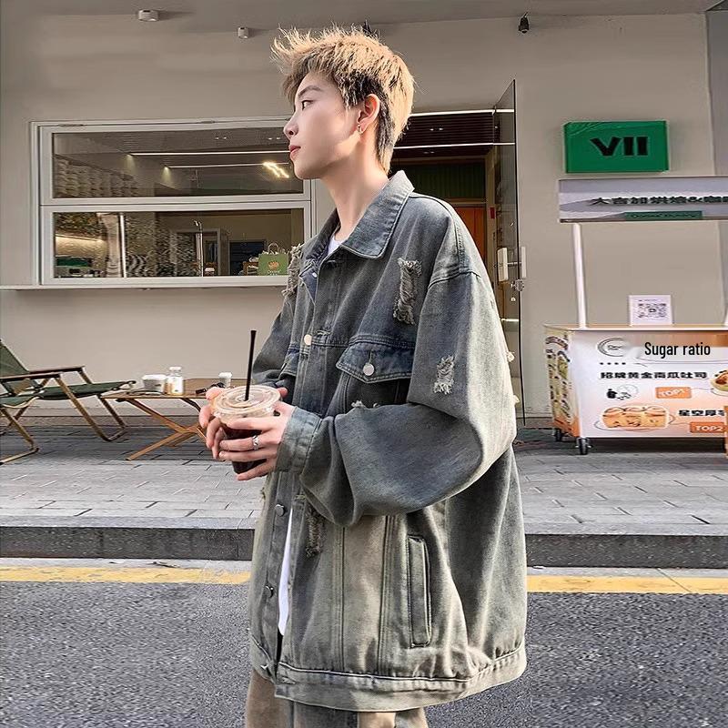 Men's Trendy Ripped Denim Jacket - Handsome American Retro Style for Spring and Autumn