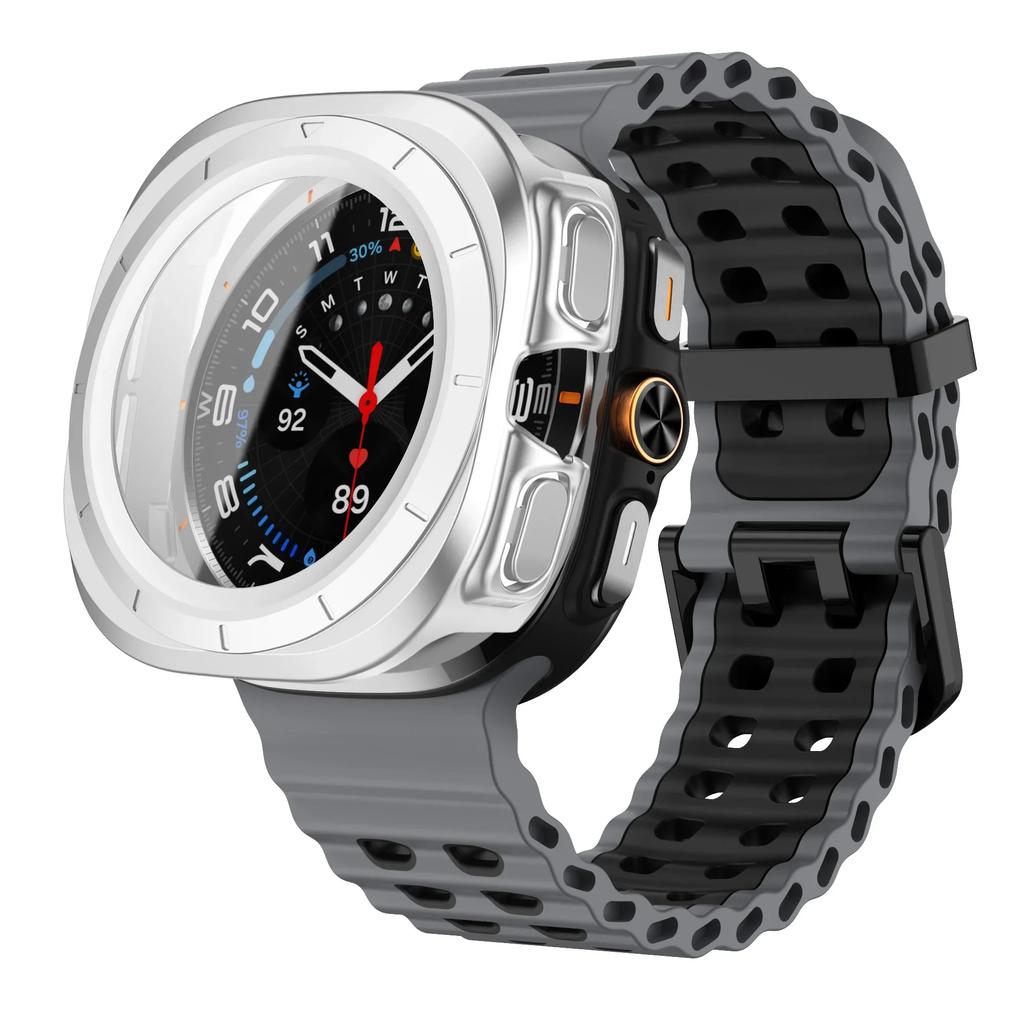 Gehärtetes Glas Case+Armband Für Samsung Galaxy Watch 7 ultra 47mm Zweifarbiges Sport-Silikonarmband Galaxy Watch Ultra7 Hülle