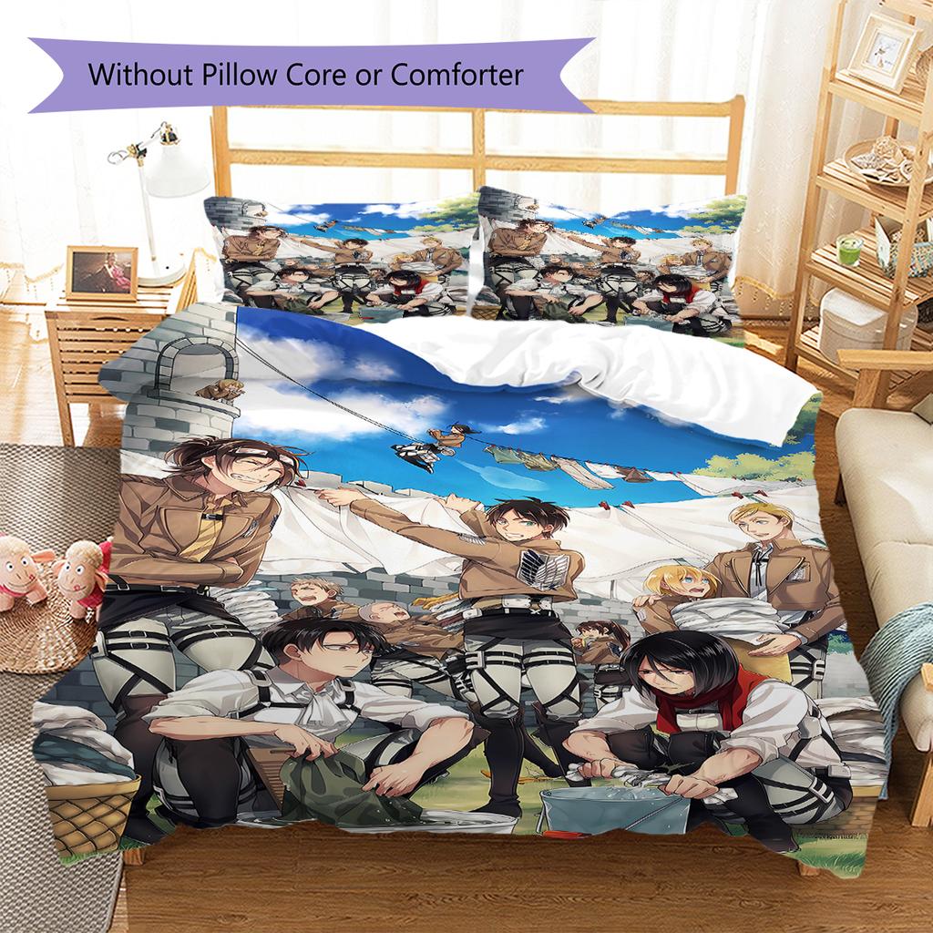 Attack On Titan Pattern Bedding,Quilt Set Quilt Cover Pillowcase Home Birthday Gift (1 * Duvet Cover + 2 * Pillowcase, Without Core)
