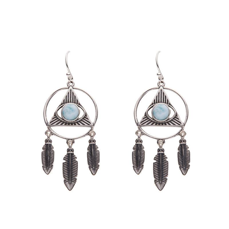 Retro Ethnic Style S925 Sterling Silver Inlaid With Natural Sea Pattern Stone Hollow Fringed Earrings Light Luxury Versatile Earrings