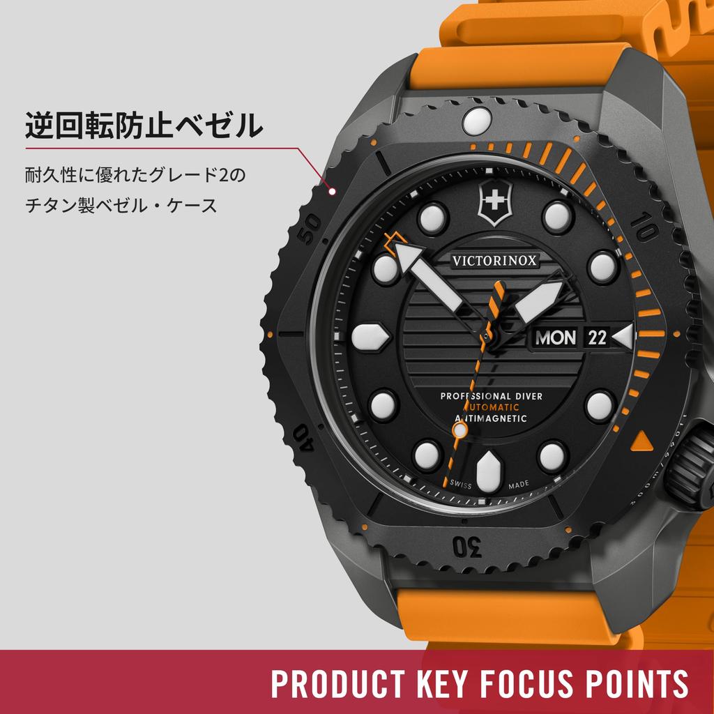 VICTORINOX DIVE PRO Automatikuhr mit Titan Schwarz Orange Gummi Wasserdicht Analog Perfekt für Outdoor Geschenk für Schwarz 241996 Herrengehäuse, Zifferblatt,