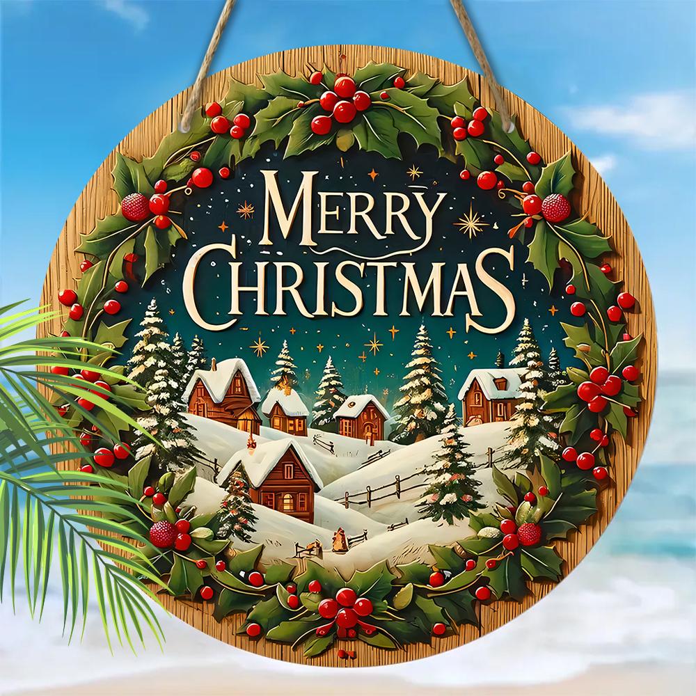 Merry Christmas Wooden Sign with Snow House Pattern - Navidad Wooden Sign for Front Door, Yard, Balcony, Window Decor - Ideal Christmas Gift