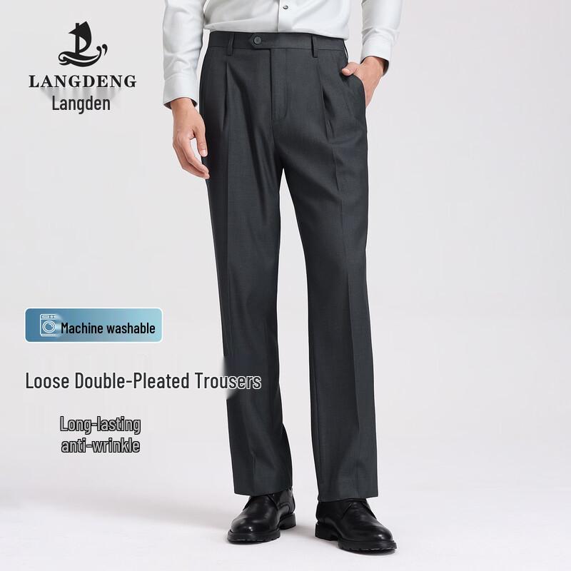 

Langdeng Men s Double Pleat Loose Fit Business Dress Pants 40
