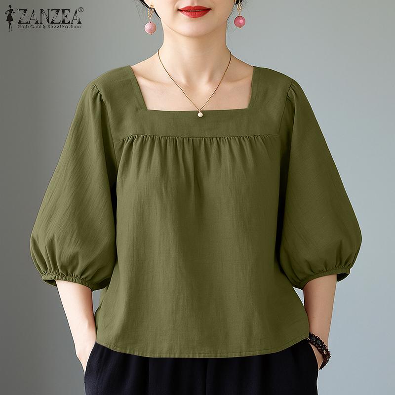ZANZEA Women Square Collar Summer Casual 3/4 Sleeve Blouse