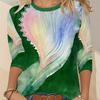 Ladies' Gradient Pink Blue Printed Long Sleeve T-shirt - Gradual Splicing Round Neck Casual Top
