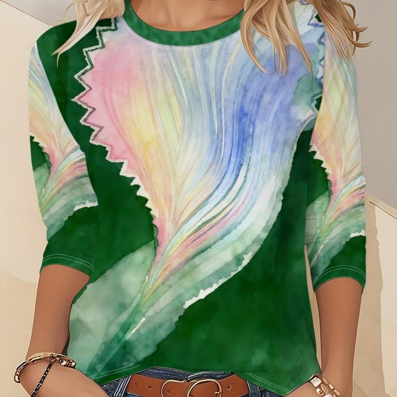 Ladies' Gradient Pink Blue Printed Long Sleeve T-shirt - Gradual Splicing Round Neck Casual Top