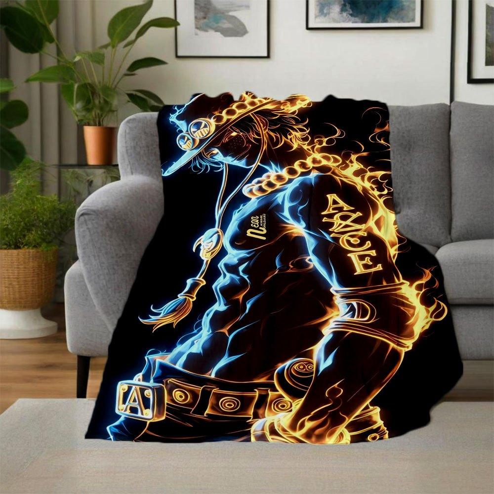 "Neon Anime Adventure: Luffy's Fire Emblem T-Shirt"Blanket Flannel Throw Blanket for Sofa, Bed, Travel, Camping, Office, Couch, Chair, And B