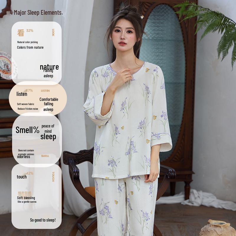 Damen-Bambus-Baumwoll-Pyjama - Neunärmeliges Set im chinesischen Stil für Frühling/Sommer
